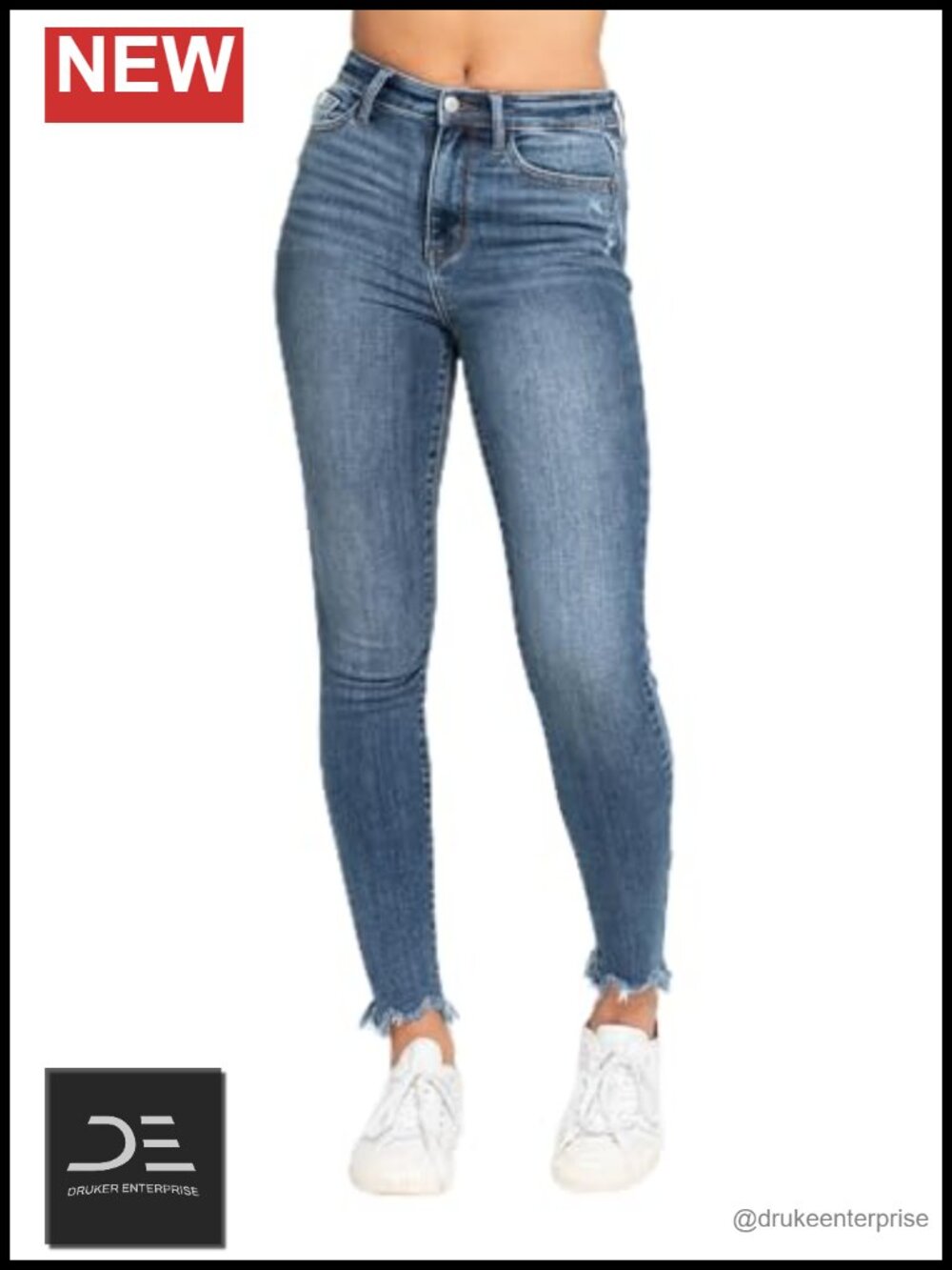 High Waisted Skinny Jeans with Destroy & Shark Bit Hem